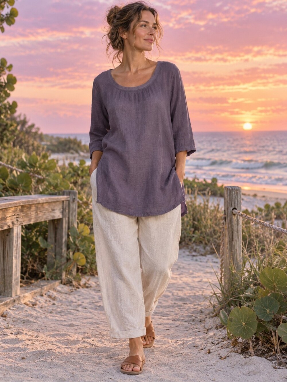 FLAX Generous dusty plum purple gauzy linen cotton tunic
